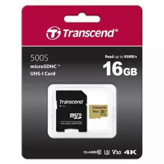 TRANSCEND MicroSDHC karta 16GB 500S, UHS-I U3 V30 + adaptér TRANSCEND MicroSDHC karta 16GB 500S, UHS-I U3 V30 + adaptér
