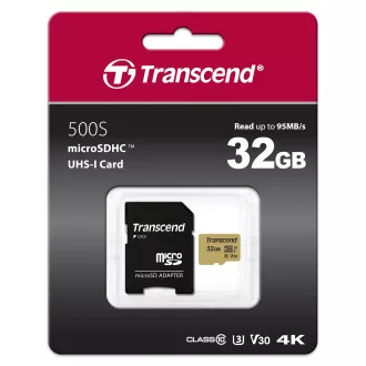 TRANSCEND MicroSDHC karta 32GB 500S, UHS-I U3 V30 + adaptér TRANSCEND MicroSDHC karta 32GB 500S, UHS-I U3 V30 + adaptér