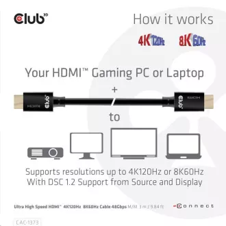 Club3D Kabel Ultra Rychlý HDMI™ Certifikovaný, 4K 120Hz, 8K60Hz, 48Gbps M/M, 3m, 28 AWG