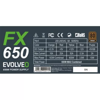 EVOLVEO FX 650, zdroj 650W ATX, 14cm, tichý, 80+ Bronze, záruka 3 roky, černý EVOLVEO FX 650, zdroj 650W ATX, 14cm, tichý, 80+ Bronze, záruka 3 roky, černý
