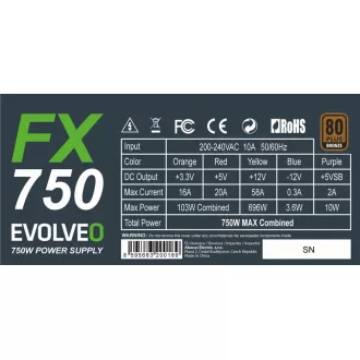 EVOLVEO FX 750, zdroj 750W ATX, 14cm, tichý, 80+ Bronze, záruka 3 roky, černý