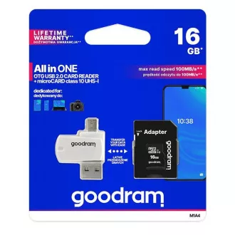 GOODRAM microSDHC karta 16GB M1A4 All-in-one (R:100/W:10 MB/s), UHS-I Class 10, U1 + Adapter + OTG card reader/čtečka GOODRAM microSDHC karta 16GB M1A4 All-in-one (R:100/W:10 MB/s), UHS-I Class 10, U1 + Adapter + OTG card reader/čtečka