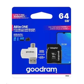 GOODRAM microSDXC karta 64GB M1A4 All-in-one (R:100/W:10 MB/s), UHS-I Class 10, U1 + Adapter + OTG card reader/čtečka GOODRAM microSDXC karta 64GB M1A4 All-in-one (R:100/W:10 MB/s), UHS-I Class 10, U1 + Adapter + OTG card reader/čtečka