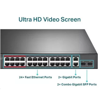 TP-Link CCTV switch TL-SL1226P (24x100Mb/s, 2xGbE/2xSFP combo, 24xPoE+, 250W) TP-Link CCTV switch TL-SL1226P (24x100Mb/s, 2xGbE/2xSFP combo, 24xPoE+, 250W)