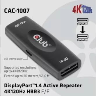 Club3D Adaptér aktivní DisplayPort 1.4 Repeater 4K120HZ HBR3 (F/F), černá Club3D Adaptér aktivní DisplayPort 1.4 Repeater 4K120HZ HBR3 (F/F), černá