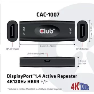 Club3D Adaptér aktivní DisplayPort 1.4 Repeater 4K120HZ HBR3 (F/F), černá Club3D Adaptér aktivní DisplayPort 1.4 Repeater 4K120HZ HBR3 (F/F), černá