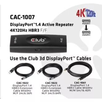 Club3D Adaptér aktivní DisplayPort 1.4 Repeater 4K120HZ HBR3 (F/F), černá Club3D Adaptér aktivní DisplayPort 1.4 Repeater 4K120HZ HBR3 (F/F), černá