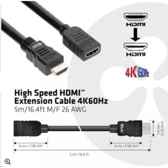 Club3D Kabel prodlužovací Rychlý HDMI 4K60HZ (M/F), 5m, černá, 26 AWG Club3D Kabel prodlužovací Rychlý HDMI 4K60HZ (M/F), 5m, černá, 26 AWG