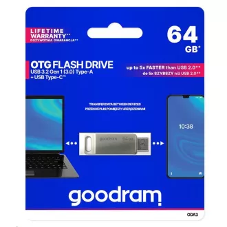 GOODRAM Flash Disk 64GB ODA3, USB 3.2, stříbrná