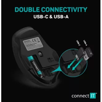 CONNECT IT Dual SmartSwitch bezdrátová optická myš, USB-A, USB-C (+ 1x AA baterie zdarma), černá CONNECT IT Dual SmartSwitch bezdrátová optická myš, USB-A, USB-C (+ 1x AA baterie zdarma), černá