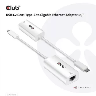 Club3D Adaptér aktivní USB 3.2 typ C na LAN (Gigabit Ethernet - 1Gb), 20cm Club3D Adaptér aktivní USB 3.2 typ C na LAN (Gigabit Ethernet - 1Gb), 20cm