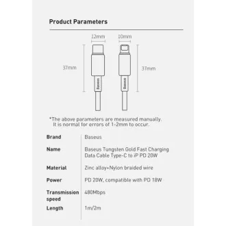Baseus Tungsten Gold rychlonabíjecí / datový kabel USB-C na Lightning PD 20W 2m, černá Baseus Tungsten Gold rychlonabíjecí / datový kabel USB-C na Lightning PD 20W 2m, černá