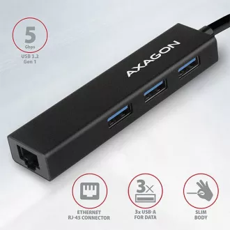 AXAGON HMA-GL3A, USB 3.2 Gen 1 hub, porty 3x USB-A + Gigabit Ethernet, kovový, kabel USB-A 20cm AXAGON HMA-GL3A, USB 3.2 Gen 1 hub, porty 3x USB-A + Gigabit Ethernet, kovový, kabel USB-A 20cm