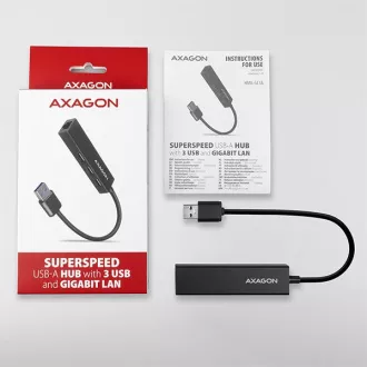 AXAGON HMA-GL3A, USB 3.2 Gen 1 hub, porty 3x USB-A + Gigabit Ethernet, kovový, kabel USB-A 20cm AXAGON HMA-GL3A, USB 3.2 Gen 1 hub, porty 3x USB-A + Gigabit Ethernet, kovový, kabel USB-A 20cm