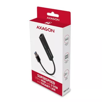 AXAGON HMA-GL3A, USB 3.2 Gen 1 hub, porty 3x USB-A + Gigabit Ethernet, kovový, kabel USB-A 20cm AXAGON HMA-GL3A, USB 3.2 Gen 1 hub, porty 3x USB-A + Gigabit Ethernet, kovový, kabel USB-A 20cm