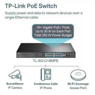 TP-Link CCTV Easy Smart switch TL-SG1218MPE (16xGbE, 2xGbE/2xSFP combo, 16xPoE+, 250W) TP-Link CCTV Easy Smart switch TL-SG1218MPE (16xGbE, 2xGbE/2xSFP combo, 16xPoE+, 250W)
