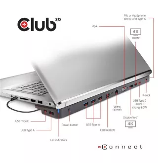 Club3D Dokovací stanice USB-C 14v1, 1xDP, 1xHDMI, 1xVGA, 2xUSB-C, 5xUSB, čtečka SD karet, 1xRJ45, černá Club3D Dokovací stanice USB-C 14v1, 1xDP, 1xHDMI, 1xVGA, 2xUSB-C, 5xUSB, čtečka SD karet, 1xRJ45, černá