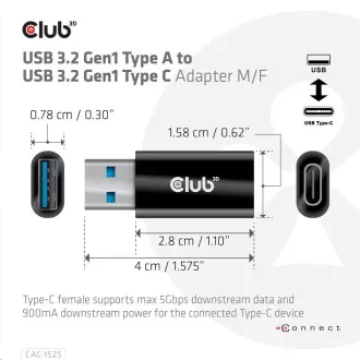 Club3D adaptér USB 3.2 Gen1 Type A na USB 3.2 Gen1 Type C (M/F), černá Club3D adaptér USB 3.2 Gen1 Type A na USB 3.2 Gen1 Type C (M/F), černá