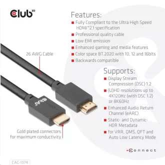 Club3D Kabel Ultra Rychlý HDMI™, 4K120Hz, 8K60Hz Cable 48Gbps (M/M), 28AWG, 4m