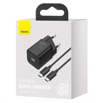 Baseus Super Si rychlonabíječka 1C 25W EU + kabel Type-C/Type-C 3A 1m černá