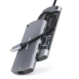 AXAGON HMC-6M2, USB 3.2 Gen 1 hub, porty 2x USB-A, HDMI, RJ-45 GLAN, SATA M.2 slot, PD 100W, kabel USB-C 18cm AXAGON HMC-6M2, USB 3.2 Gen 1 hub, porty 2x USB-A, HDMI, RJ-45 GLAN, SATA M.2 slot, PD 100W, kabel USB-C 18cm