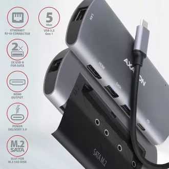 AXAGON HMC-6M2, USB 3.2 Gen 1 hub, porty 2x USB-A, HDMI, RJ-45 GLAN, SATA M.2 slot, PD 100W, kabel USB-C 18cm AXAGON HMC-6M2, USB 3.2 Gen 1 hub, porty 2x USB-A, HDMI, RJ-45 GLAN, SATA M.2 slot, PD 100W, kabel USB-C 18cm