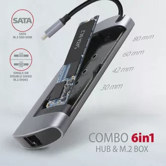 AXAGON HMC-6M2, USB 3.2 Gen 1 hub, porty 2x USB-A, HDMI, RJ-45 GLAN, SATA M.2 slot, PD 100W, kabel USB-C 18cm AXAGON HMC-6M2, USB 3.2 Gen 1 hub, porty 2x USB-A, HDMI, RJ-45 GLAN, SATA M.2 slot, PD 100W, kabel USB-C 18cm