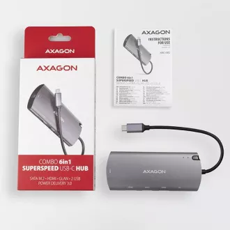 AXAGON HMC-6M2, USB 3.2 Gen 1 hub, porty 2x USB-A, HDMI, RJ-45 GLAN, SATA M.2 slot, PD 100W, kabel USB-C 18cm AXAGON HMC-6M2, USB 3.2 Gen 1 hub, porty 2x USB-A, HDMI, RJ-45 GLAN, SATA M.2 slot, PD 100W, kabel USB-C 18cm