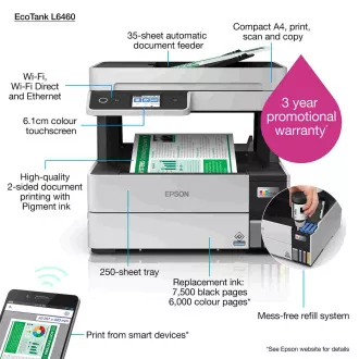 EPSON tiskárna ink EcoTank L6460, 3v1, A4, 1200x4800dpi, 37ppm, USB, Duplex, Záruka 5 let po registraci zdarma EPSON tiskárna ink EcoTank L6460, 3v1, A4, 1200x4800dpi, 37ppm, USB, Duplex, Záruka 5 let po registraci zdarma