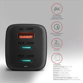 AXAGON ACU-DPQ65, GaN nabíječka do sítě 65W, 3x port (USB-A + dual USB-C), PD3.0/QC4+/PPS/Apple, černá AXAGON ACU-DPQ65, GaN nabíječka do sítě 65W, 3x port (USB-A + dual USB-C), PD3.0/QC4+/PPS/Apple, černá