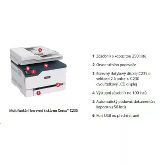 Xerox C235V_DNI, barevná laser. multifunkce, A4, 22ppm, duplex, ADF, WiFi/USB/Ethernet, 512 MB RAM, Apple AirPrint Xerox C235V_DNI, barevná laser. multifunkce, A4, 22ppm, duplex, ADF, WiFi/USB/Ethernet, 512 MB RAM, Apple AirPrint