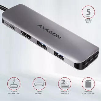 AXAGON HMC-5, USB 3.2 Gen 1 hub, porty 2x USB-A, HDMI, SD/microSD slot, PD 100W, kabel USB-C 20cm AXAGON HMC-5, USB 3.2 Gen 1 hub, porty 2x USB-A, HDMI, SD/microSD slot, PD 100W, kabel USB-C 20cm