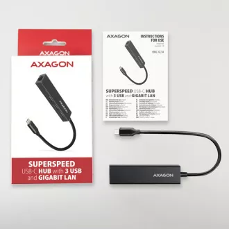 AXAGON HMC-GL3A, USB 3.2 Gen 1 hub, porty 3x USB-A + Gigabit Ethernet, kovový, kabel USB-C 20cm AXAGON HMC-GL3A, USB 3.2 Gen 1 hub, porty 3x USB-A + Gigabit Ethernet, kovový, kabel USB-C 20cm