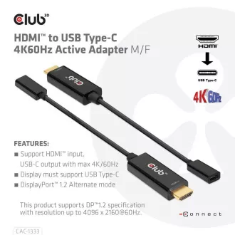 Club3D aktivní adaptér HDMI na USB-C, 4K60Hz, M/F Club3D aktivní adaptér HDMI na USB-C, 4K60Hz, M/F
