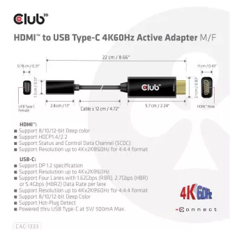 Club3D aktivní adaptér HDMI na USB-C, 4K60Hz, M/F Club3D aktivní adaptér HDMI na USB-C, 4K60Hz, M/F
