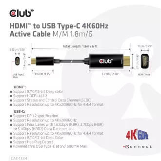Club3D aktivní kabel HDMI na USB-C, 4K60Hz, 1.8m, M/M Club3D aktivní kabel HDMI na USB-C, 4K60Hz, 1.8m, M/M