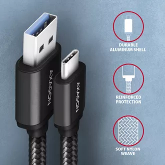 AXAGON BUCM3-AM15AB, SPEED kabel USB-C <-> USB-A, 1.5m, USB 3.2 Gen 1, 3A, ALU, oplet, černý AXAGON BUCM3-AM15AB, SPEED kabel USB-C <-> USB-A, 1.5m, USB 3.2 Gen 1, 3A, ALU, oplet, černý