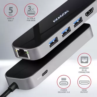 AXAGON HMC-6GL, USB 3.2 Gen 1 hub, porty 3x USB-A, HDMI 4k/30Hz, RJ-45 GLAN, PD 100W, kabel USB-C 20cm AXAGON HMC-6GL, USB 3.2 Gen 1 hub, porty 3x USB-A, HDMI 4k/30Hz, RJ-45 GLAN, PD 100W, kabel USB-C 20cm
