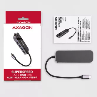 AXAGON HMC-6GL, USB 3.2 Gen 1 hub, porty 3x USB-A, HDMI 4k/30Hz, RJ-45 GLAN, PD 100W, kabel USB-C 20cm AXAGON HMC-6GL, USB 3.2 Gen 1 hub, porty 3x USB-A, HDMI 4k/30Hz, RJ-45 GLAN, PD 100W, kabel USB-C 20cm
