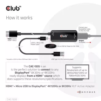 Club3D Adaptér HDMI + Micro USB na DisplayPort 4K120Hz/8K30Hz, Active Adapter M/F Club3D Adaptér HDMI + Micro USB na DisplayPort 4K120Hz/8K30Hz, Active Adapter M/F