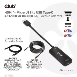 Club3D Adaptér HDMI + Micro USB na USB-C 4K120Hz/8K30Hz, Active Adapter M/F