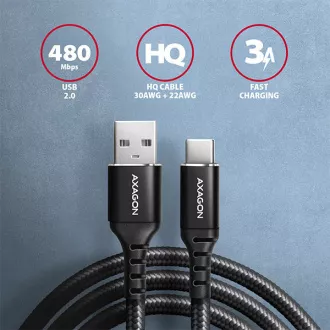 AXAGON BUCM-AM15AB, HQ kabel USB-C <-> USB-A, 1.5m, USB 2.0, 3A, ALU, oplet, černý AXAGON BUCM-AM15AB, HQ kabel USB-C <-> USB-A, 1.5m, USB 2.0, 3A, ALU, oplet, černý