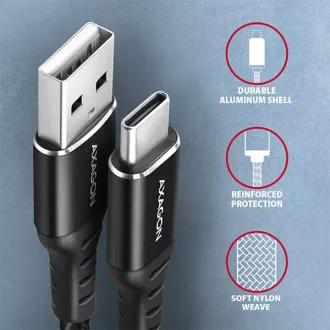 AXAGON BUCM-AM15AB, HQ kabel USB-C <-> USB-A, 1.5m, USB 2.0, 3A, ALU, oplet, černý AXAGON BUCM-AM15AB, HQ kabel USB-C <-> USB-A, 1.5m, USB 2.0, 3A, ALU, oplet, černý
