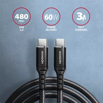 AXAGON BUCM-CM10AB, HQ kabel USB-C <-> USB-C, 1m, USB 2.0, PD 60W 3A, ALU, oplet, černý AXAGON BUCM-CM10AB, HQ kabel USB-C <-> USB-C, 1m, USB 2.0, PD 60W 3A, ALU, oplet, černý