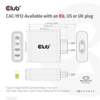 Club3D cestovní nabíječka 100W GAN technologie, 2xUSB-A a 2xUSB-C, PD 3.0 Support Club3D cestovní nabíječka 100W GAN technologie, 2xUSB-A a 2xUSB-C, PD 3.0 Support