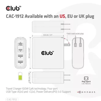 Club3D cestovní nabíječka 100W GAN technologie, 2xUSB-A a 2xUSB-C, PD 3.0 Support Club3D cestovní nabíječka 100W GAN technologie, 2xUSB-A a 2xUSB-C, PD 3.0 Support