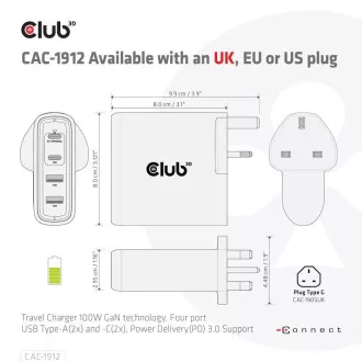 Club3D cestovní nabíječka 100W GAN technologie, 2xUSB-A a 2xUSB-C, PD 3.0 Support Club3D cestovní nabíječka 100W GAN technologie, 2xUSB-A a 2xUSB-C, PD 3.0 Support