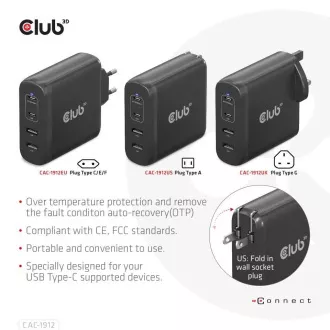 Club3D cestovní nabíječka 100W GAN technologie, 2xUSB-A a 2xUSB-C, PD 3.0 Support Club3D cestovní nabíječka 100W GAN technologie, 2xUSB-A a 2xUSB-C, PD 3.0 Support