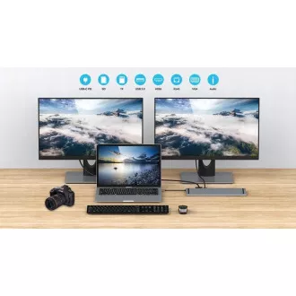 PREMIUMCORD Dokovací stanice USB-C 10v1, 1xHDMI, 1xVGA, 2xUSB-C, 3xUSB, 1xRJ45, čtečka SD karet, šedá