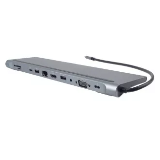 PREMIUMCORD Dokovací stanice USB-C 10v1, 1xHDMI, 1xVGA, 2xUSB-C, 3xUSB, 1xRJ45, čtečka SD karet, šedá